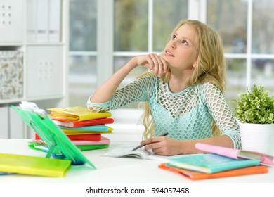 Portrait Cute Schoolgirl Studying Home Stock Photo 1197907876 ...