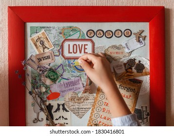 Cute girl dreaming about travel to France and creating mood board with sheets of paper, pictures, words, positive thinking and dreams map, indoor lifestyle