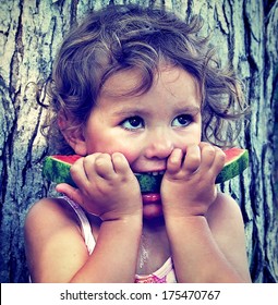 A Cute Girl Eating Watermelon Done With A Retro Vintage Instagra