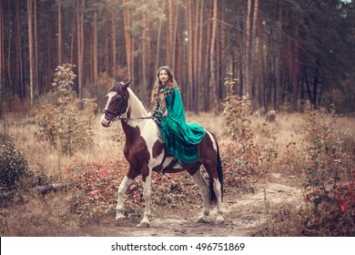 Cute Girl Green Hooded Cloak Riding Stock Photo (Edit Now) 496751788