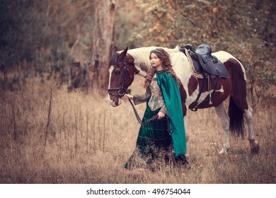 Cute Girl Green Hooded Cloak Horse Stock Photo (Edit Now) 496754044