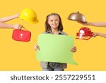 Cute girl holding blank speech bubble and female hands with items of different professions on yellow background