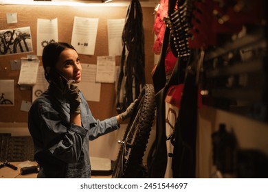 Cute girl mechanic working in a workshop with bicycle wheel talking on a mobile phone, vintage garage style. Copy space - Powered by Shutterstock