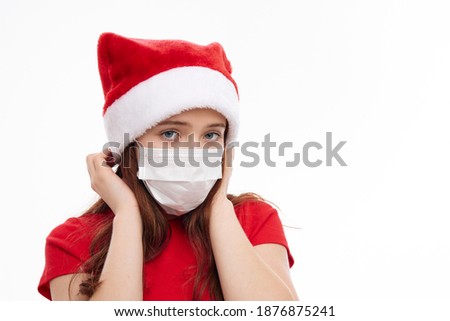 cute girl medical mask christmas hat red t-shirt holiday new year