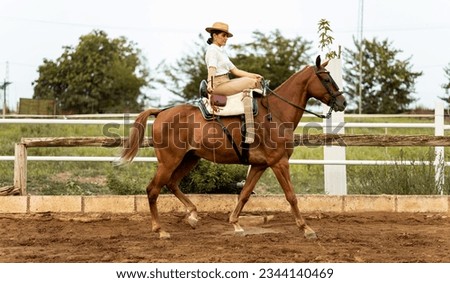 A cute girl in neat clothes is riding a horse with an amazon mount in the riding arena. The animal is of the Algo-Arabian breed. Young women taking a walk with a brown horse. Foto stock © 