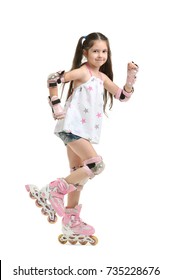 Cute Girl On Roller Skates Against White Background