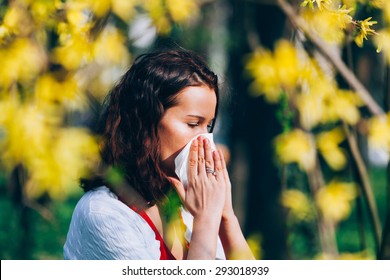 Cute Girl In The Park, Sneezing, Having Spring Allergies