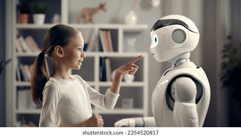 A cute girl is playing with a robot. The concept of future training. - Powered by Shutterstock