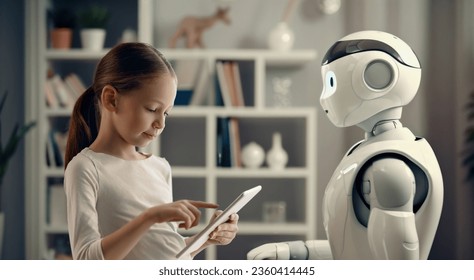 A cute girl is playing with a robot. The concept of future training.  - Powered by Shutterstock