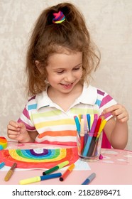 Cute Girl Rainbow Clothes Draws Rainbow Stock Photo 2182898471 ...