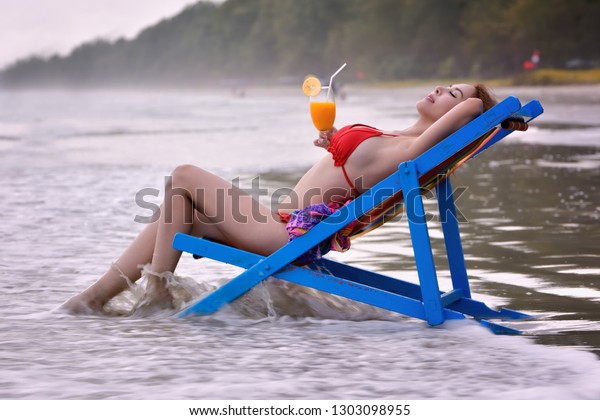 Cute Girl Relax On Beach Chairs People Holidays Stock Image