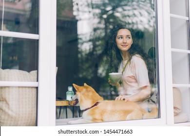 Cute girl is relaxing in cafe with cup of coffee petting cute pedigree dog sitting on window sill and looking outside. Modern lifestyle and pets concept.