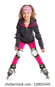 Cute girl in roller skates on a white background