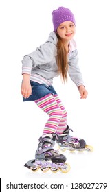 Cute girl in roller skates on a white background