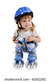 Cute girl in roller skates on a white background