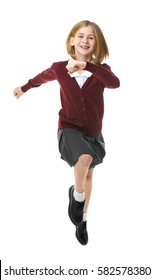 Cute Girl In School Uniform Running On White Background