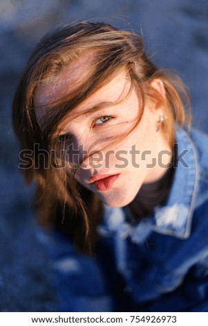 Similar – Image, Stock Photo Young woman with turquoise hair and piercings smiles