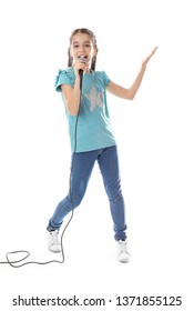 Cute Girl Singing In Microphone On White Background