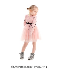 Cute Girl Spinning Around, Wearning Pink Polkadot Shirt And Skirt, Lovely Shoes, Isolated