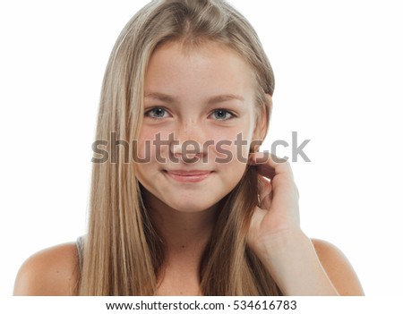 Cute girl teenage with long hair posing studio nature portrait