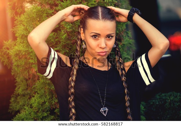 Cute Girl Teenager Two Pigtails Hair Stockfoto Jetzt