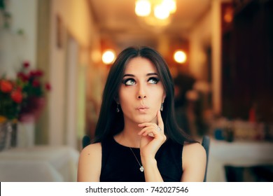 Cute Girl Thinking about Her Plan at Dinner Party - Funny schemer girl attending a fancy event making up excuses to leave
