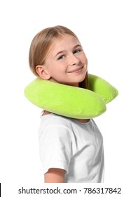 Cute Girl With Travel Pillow On White Background