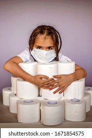 A Cute Girl Wearing Respirator Mask Sitting Near The Heap Of Toilet Paper, Basic Thing In Emergency Coronavirus Kit, Prepare For Self-isolation