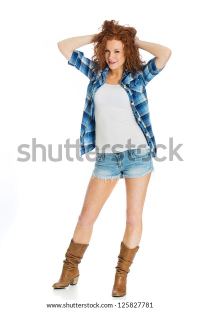 Cute Girl Wearing Short Denim Shorts People Stock Image