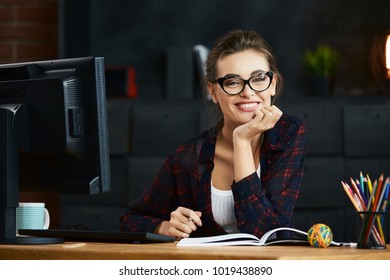 Cute Girl In Working Process, Work In Progress, Free Lance Concept, IT Specialist, Online Job, Workspace, Designer Job Concept.