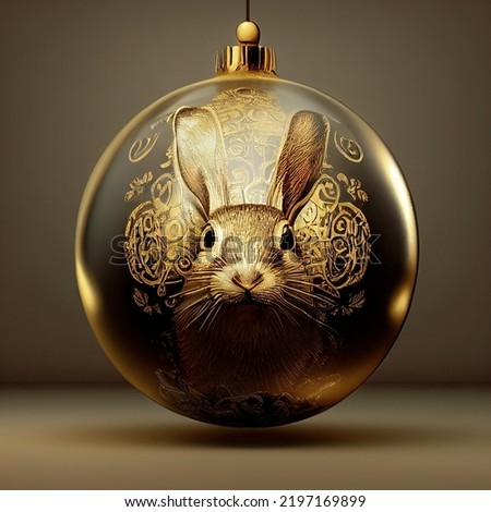 Cute gold Rabbit on Christmas ball. Happy Chinese new year 2023 year of the rabbit zodiac sign. Rabbit is the symbol of the year 2023.  Background for New Year card, poster or banner. 3d rendering