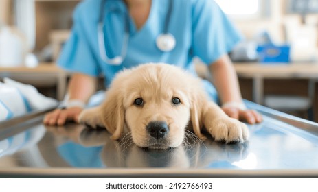 A cute golden retriever puppy lying on a metal examination table at a veterinary clinic. A veterinarian in blue scrubs is standing behind the puppy, gently holding it. - Powered by Shutterstock