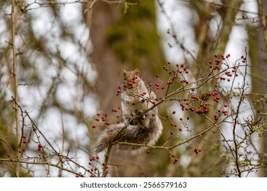 A cute grey squirrel hanging on a tree branch feeding on berries - Powered by Shutterstock