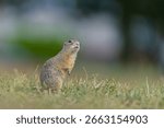 A cute ground squirrel posing in the grass. Spermophilus citellus