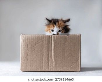 Cute grumpy kitten peeking out Sticking his face out of a cardboard box
