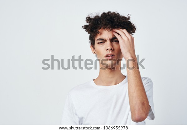 Cute Guy Curly Hair Gray Background Stock Photo Edit Now