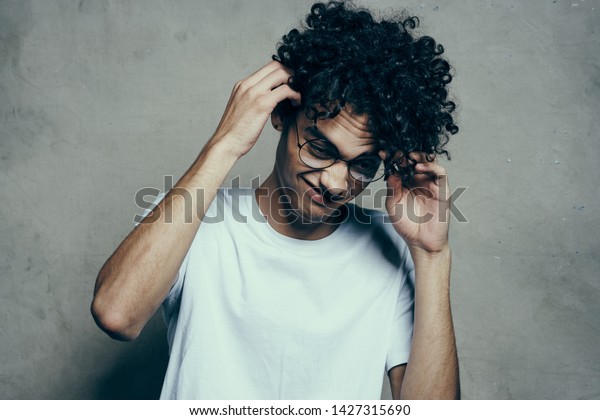 Cute Guy Curly Hair Puts Glasses Stock Photo Edit Now