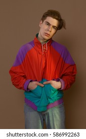 Cute Guy In Hipster Clothes 90s Posing In Studio