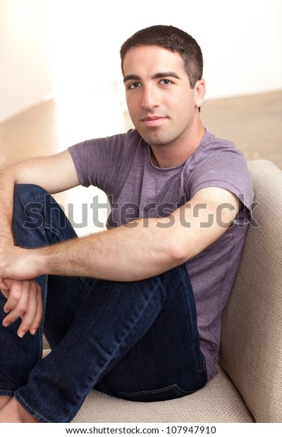 Cute Guy Sitting Chair Elbows On Stockfoto Jetzt Bearbeiten