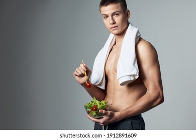 Cute Guy With Towel On Shoulders Diet Post Workout Isolated Background