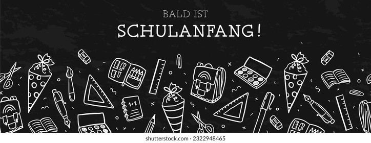 Cute hand drawn back to school seamless pattern with text in German "school starts soon", lovely school supplies, great for banners, wallpapers, wrapping - vector design - Shutterstock ID 2322948465