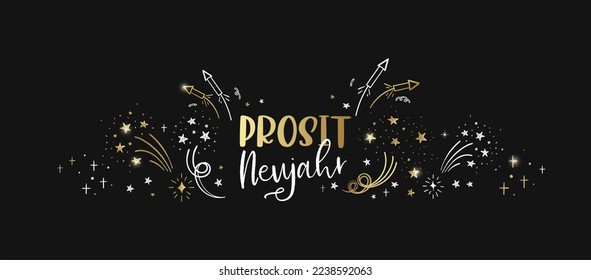 Cute hand drawn New Years banner with fireworks and German type saying "Happy New Year", great for banners, cards, invitations - Shutterstock ID 2238592063