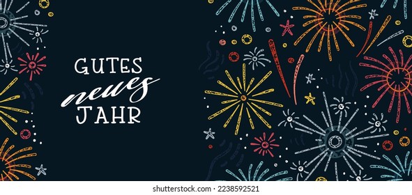 Cute hand drawn New Years banner with fireworks and German type saying "Happy New Year", great for banners, cards, invitations - vector design - Shutterstock ID 2238592521