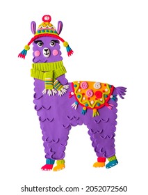 Cute handmade alpaca animal craft in clay plasticine figure with 3d effect. Ideal for childish apparel, wrapping, stationery, pattern. Natural dough play - Shutterstock ID 2052072560