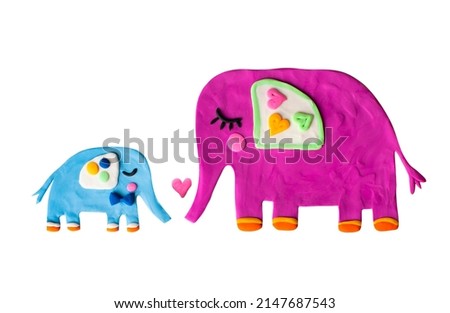 Cute handmade plasticine clay elephant. Baby shower newborn safari African nursery animals. Motherhood family illustration.
