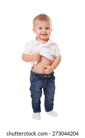 Cute Happy Baby Boy Kid Touching His Stomach, Isolated On White