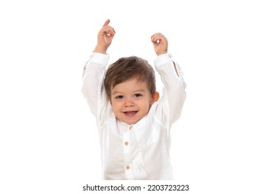 Cute Happy Baby Raising Arms Isolated On A White Background