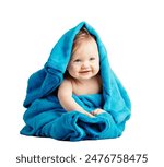 Cute happy baby smiling in cozy blanket. Isolated on white background.