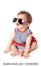 Cute Happy Baby With Sunglasses Isolated On White Background