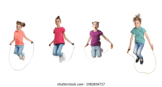 Cute happy children with jumping ropes on white background, collage. Banner design - Powered by Shutterstock